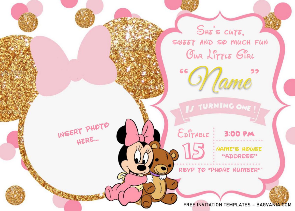 Pink And Gold Minnie Mouse Birthday Invitation Templates Editable Docx FREE Printable