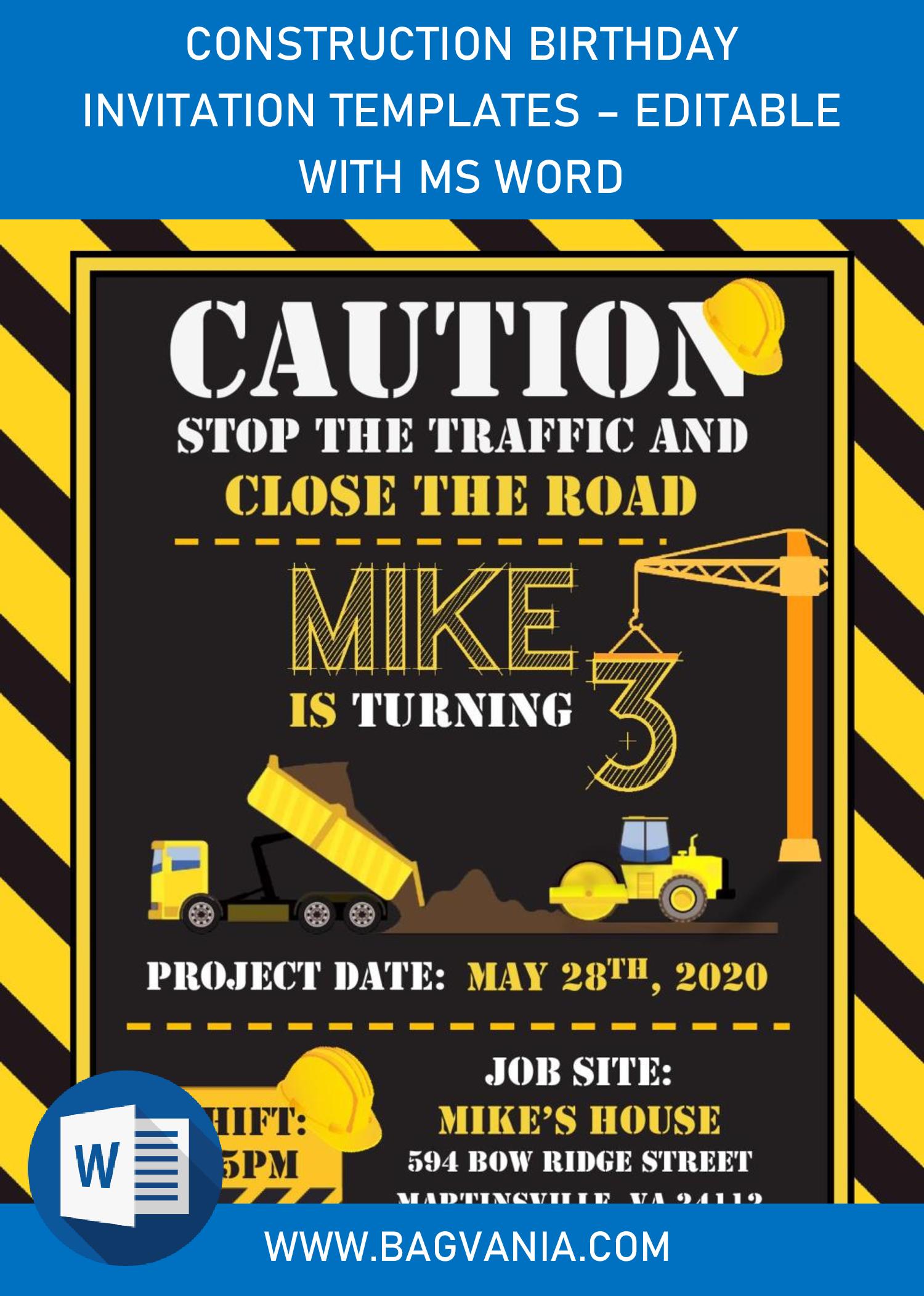 Construction Birthday Invitation Templates Editable With MS Word 