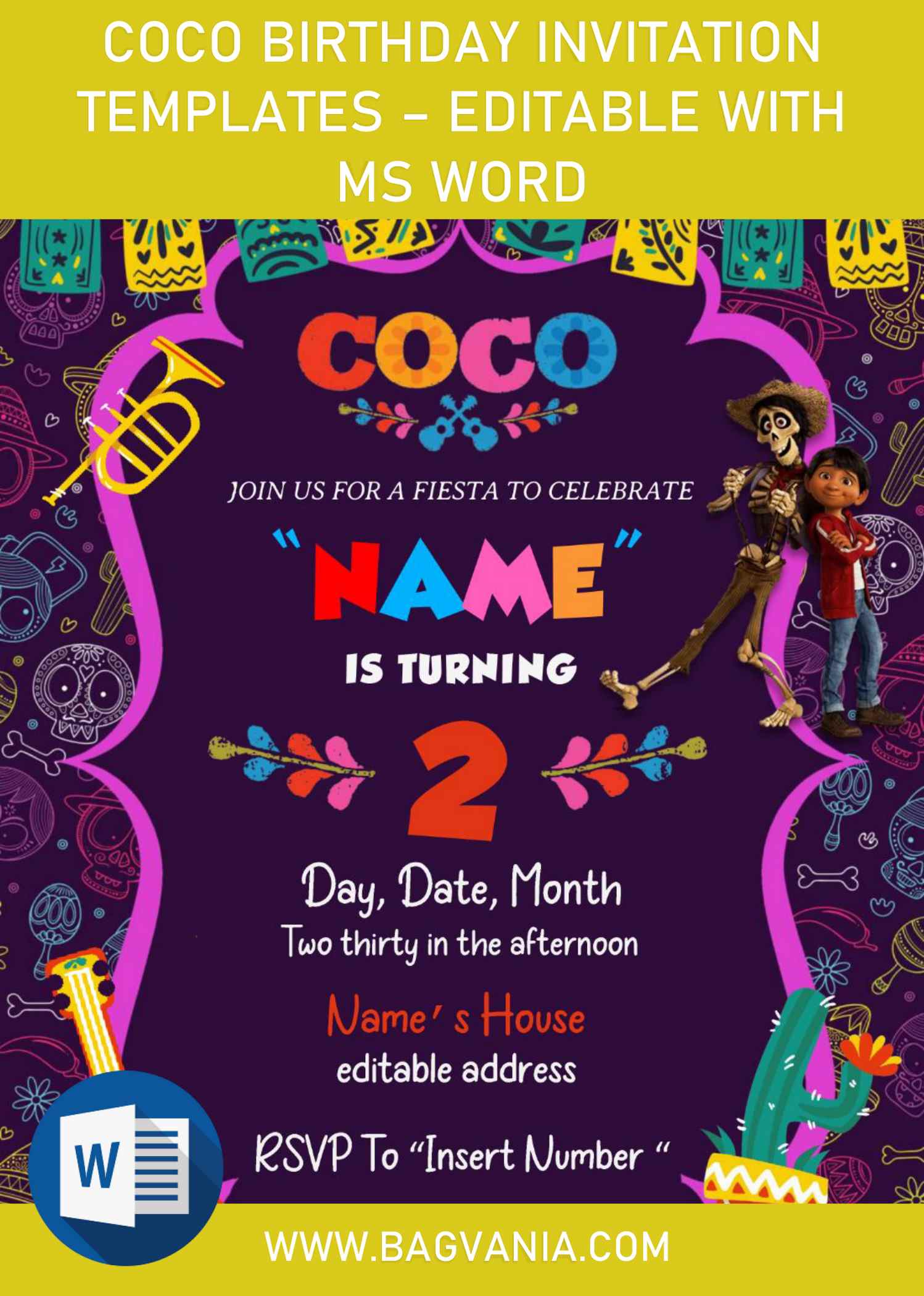 Coco Pixar Birthday Invitation Templates Editable With Ms Word Free Printable Birthday Invitation Templates Bagvania