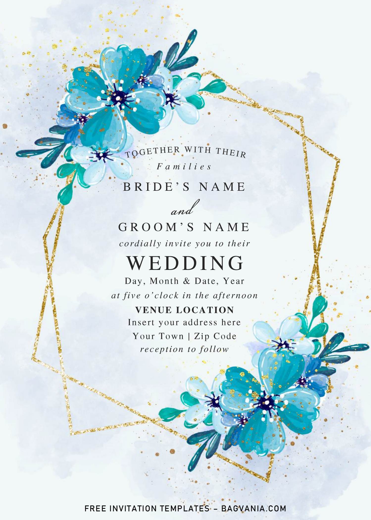 Free Blue Floral And Gold Geometric Wedding Invitation Templates For
